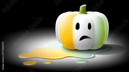A spooky pumpkin with a sad expression melts colorful slime on a dark surface, creating an eerie yet playful scene
