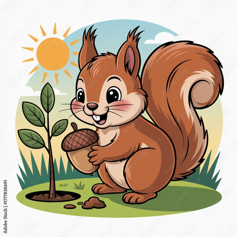 Obraz premium Cute Squirrel Planting trees Vector Illustration
