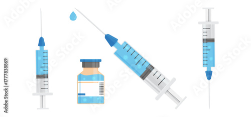 Syringe and vial icon, needle inject and medical bottle. Medicine drug, vaccine dose, antibiotic shot. Liquid ampoule, medic treatment set isolated on white background. Cartoon vector illustration