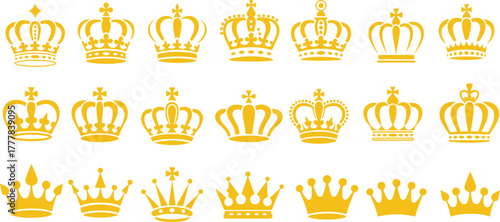 Crown set icons, collection different crown sign, silhouette crown symbolGolden crowns for royalty and decoration design, Elegant gold crown illustrations for luxury themes.