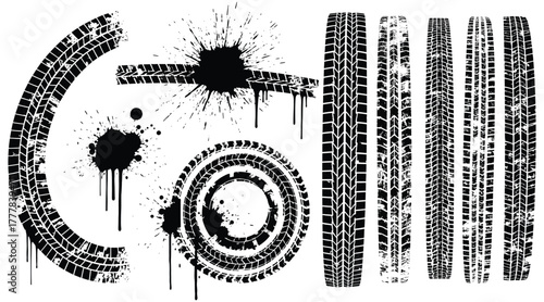 Tire track marks isolated on white background showcasing various patterns, including circular, straight, and curved designs, along with scattered ink blots and splatters