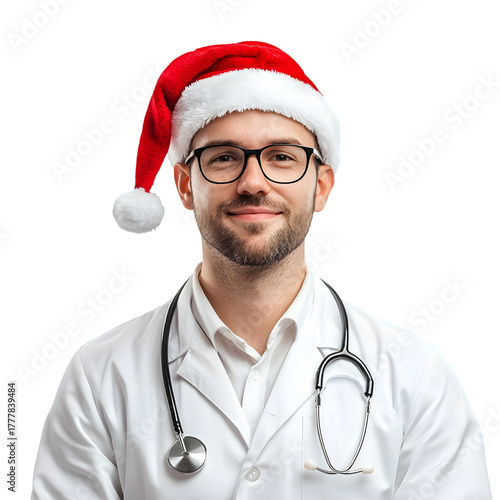 Male doctor wearing Santa Claus hat isolated on transparent background