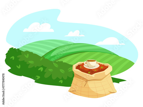 Full sack of coffee beans topped with a coffee cup, placed in a lush green hilly landscape with blue sky and clouds. Vector illustration