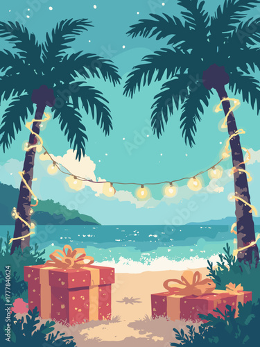 Tropical Christmas — palm tree lights and lei-wrapped gifts, coral & turquoise