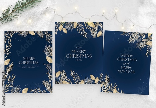 Christmas Flyer Template in Luxury Blue & Gold Minimalist Style for Luxe NYE New Year Invite Cards