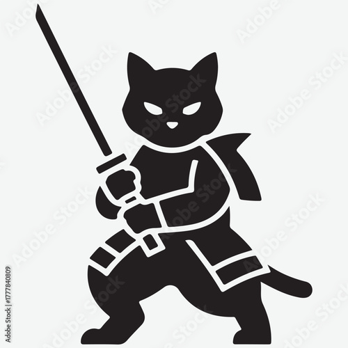 Black Silhouette of a Cat Warrior with a Katana Sword