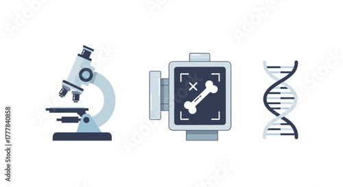 Vector  illustration of a microscope a bone scan on a device and a dna strand representing science and health