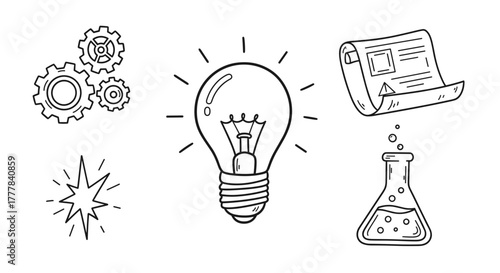 Vector  illustration showcasing gears, a lightbulb, document, starburst, and a chemical flask drawing