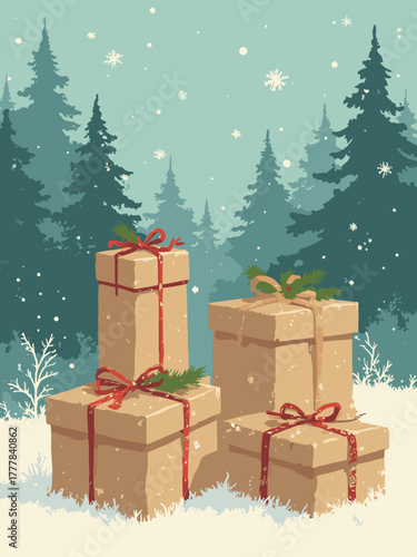 Eco-Christmas poster — wrapped gifts in kraft and twine, recycled-paper texture, kraft & forest