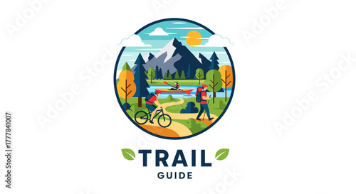 Vector  illustration depicting outdoor activities like biking hiking and kayaking in a scenic landscape view