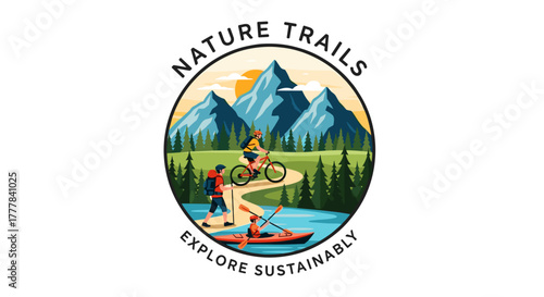 Vector  illustration of outdoor activities including hiking biking and kayaking in a mountain scene design