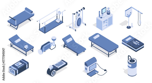 Vector  isometric illustration showcasing various medical equipment and furniture arrangements setup