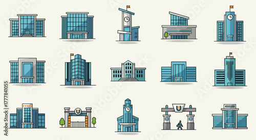Vector  illustration showcasing a collection of stylized university buildings with diverse designs