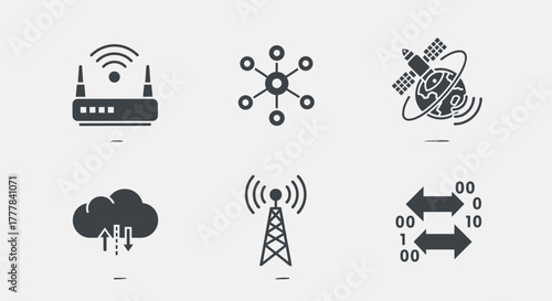 Vector  illustration showcasing various network and communication icons including satellite and router