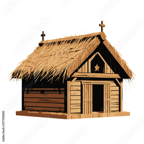Illustration of a wooden church with a thatched roof isolated on white background