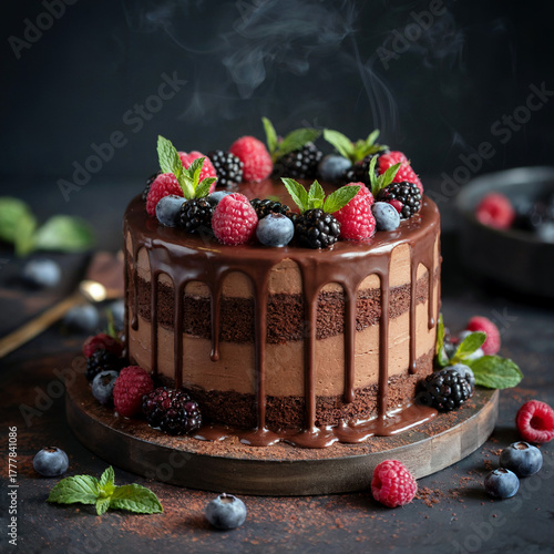 Sophisticated Chocolate Cake with Berries and Mint Drizzled Icing Yummy Dessert Sweet Treat Gourmet Pastry Confection Bakery Temptation