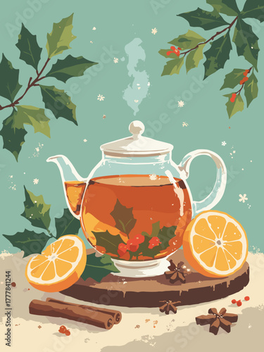 Holiday tea still life — teapot, cinnamon sticks, citrus slices, amber & tea-leaf green