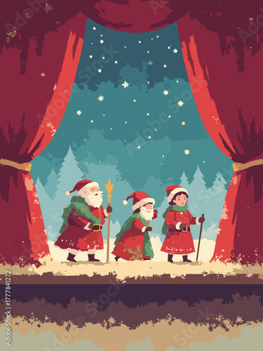 Puppet-theater Christmas — paper puppets on stage with curtain, scarlet & sand