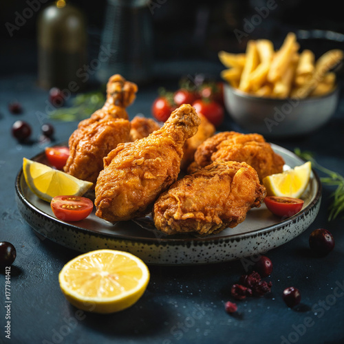 Crispy Fried Chicken Leg Pieces on Plate Served with Lemon Wedges and Tomatoes Southern Style Gourmet Delights Comfort Food Delicious Snack