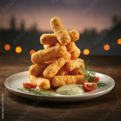Fried Mozzarella Sticks Tower Served with Dip and Tomatoes Appetizing Snack Golden Brown Crispy Texture Gourmet Plating Fast Food Indulgence Treat