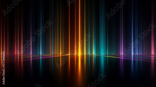 Vibrant Vertical Neon Light Beams Reflecting on Dark Floor, Abstract Futuristic Background