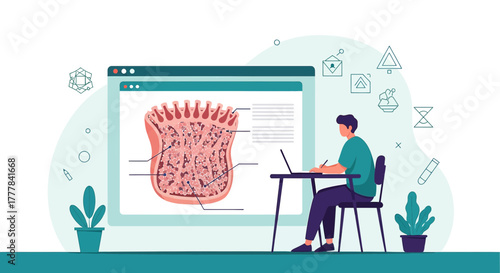 Student learns about the structure of the tongue, using a laptop to study online anatomy lessons