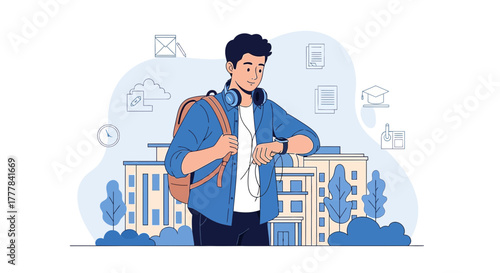 Student checking the time on his smartwatch near the university campus illustration