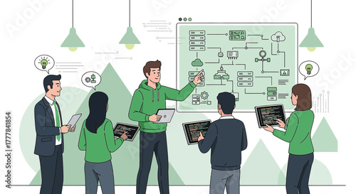 Team discussing a system architecture diagram for a software development project workflow