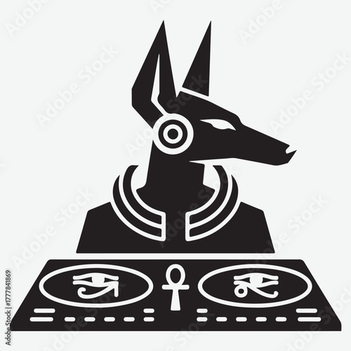 Stylized Anubis with Egyptian Symbols and DJ Deck Icon