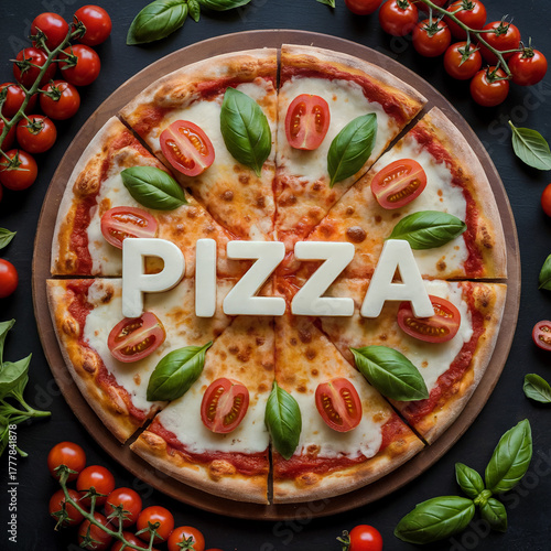 Pizza with Mozzarella Tomatoes and Basil Leaves on a Dark Backdrop. Italian Cuisine. Freshly Baked and Delicious