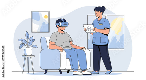 Virtual reality rehabilitation session patient wearing VR headset nurse monitoring progress