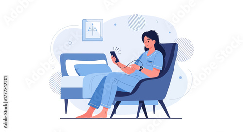 Woman relaxing in armchair while charging her phone in bedroom providing a serene scene for modern