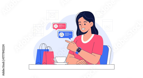 Woman using smartwatch for messaging after shopping displaying modern communication