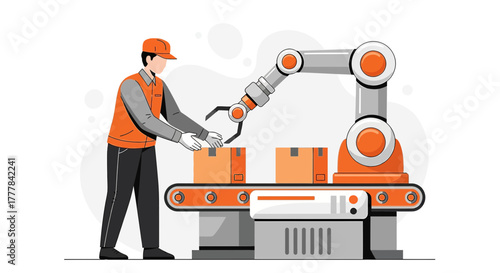 Worker and robotic arm managing boxes on conveyor belt for industrial automation process