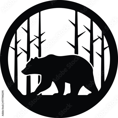 Vector Bear walking through forest in circle frame silhouette illustration