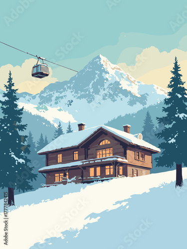 Ski chalet poster — slopes, chairlift, warm lodge windows, alpine white & lodgewood brown