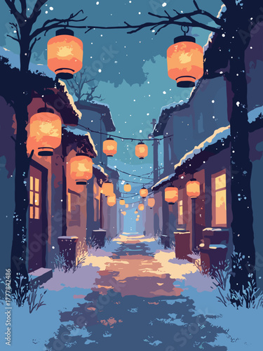 Night market lanterns — paper lanterns over snowy alley, amber glow & slate shadows