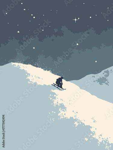 Minimal snowy hill — single sled silhouette on hill under star, snow white & charcoal gray