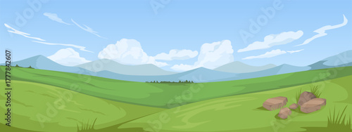 Cartoon landscape of green rolling hills with rocks and clouds, in flat style, under a bright blue sky. Concept of nature and peaceful scenery. Vector illustration