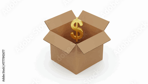 Unboxing financial success showing a golden dollar symbol inside a cardboard box, representing investment, profit, and economic opportunity for business growth