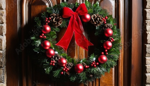 Close-up of Christmas wreath on wooden door, soft side light