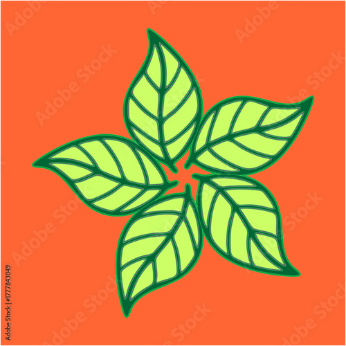 A luminous five-leaf emblem symbolizing renewal and balance, radiating energy through vibrant green veins against a bold orange backdrop of vitality.