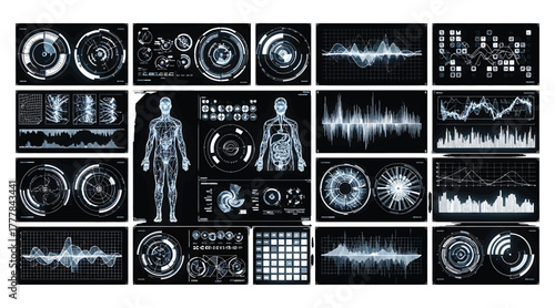 Futuristic medical interface with human body scan, displaying vital signs, diagnostics, and data analysis, creating a hightech and advanced representation of healthcare technology