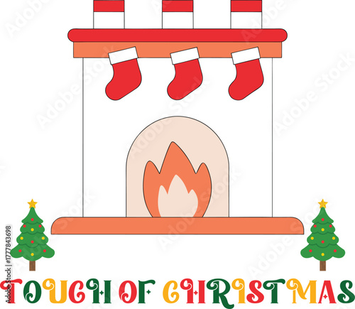 Cartoon fireplace with stockings Christmas trees hearth chimney