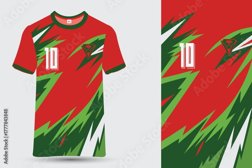 Dynamic Red and Green Soccer Jersey with Abstract Geometric Pattern