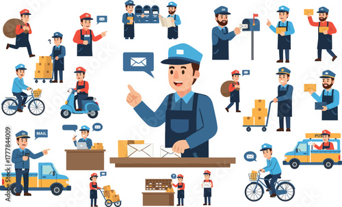 Cartoon Mailman Characters Collection, Postal Workers Delivering Letters and Packages, Post Office Service, Courier and Delivery Illustrations