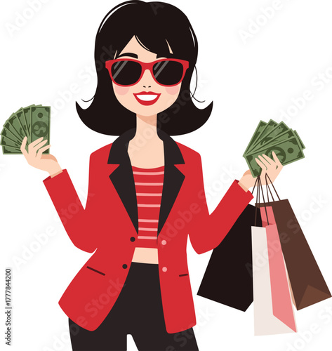 a woman holding cash bills and shopping bags