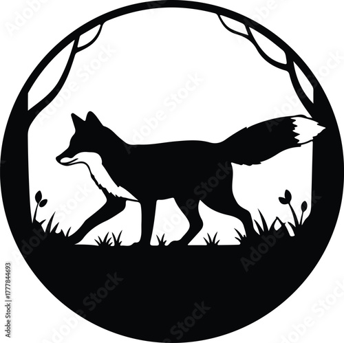 Vector fox walking through forest frame silhouette illustration