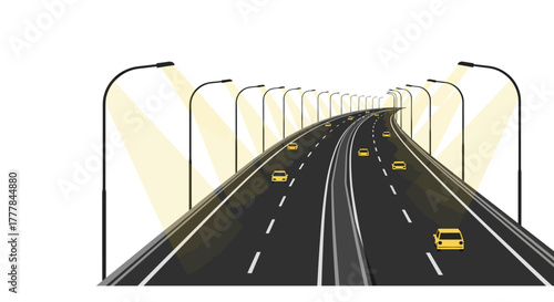 Highway with Cars and Streetlights Illustration.