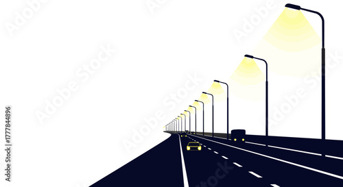 Vector illustration of a highway at night with glowing streetlights and cars.